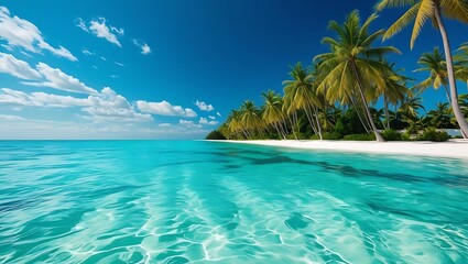 Fototapeta premium Crystal clear turquoise ocean waters and tropical palm lined beach