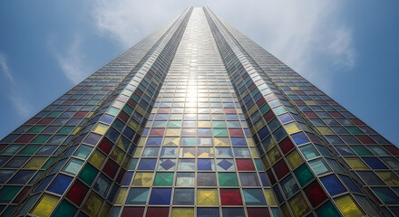 Unique glass structure reaching towards the sky creating an interesting architectural perspective