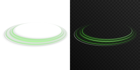 Cosmic halo rings with glowing light and green neon gradient. Elegant futuristic symbol of orbit, science fiction, dynamic technology and aesthetic modern lighting in digital art.