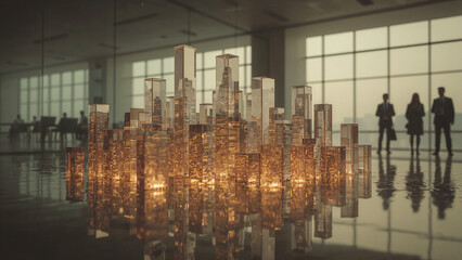 Illuminated Miniature Cityscape with Crystal Buildings and Business People skyscrapers
