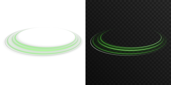 Cosmic halo rings with glowing light and green neon gradient. Elegant futuristic symbol of orbit, science fiction, dynamic technology and aesthetic modern lighting in digital art.