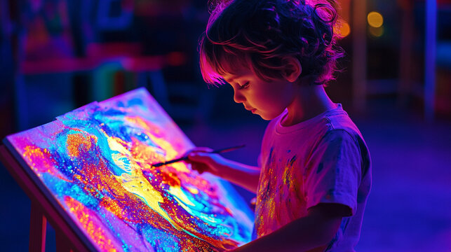 Child painting with neon glitter on canvas, wearing glow-in-the-dark clothes, warm inclusive atmosphere under UV lighting