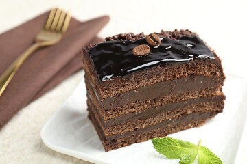 Piece of chocolate cake served with mint and fork on white table, closeup