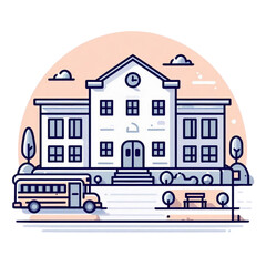 School building illustration, flat design, educational institution, colorful background, copy space