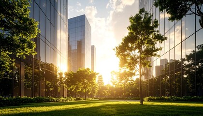 Obraz premium City Park and Modern Buildings at Sunset with Green Lawn