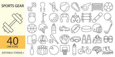 Sports gear icon set in minimalist outline style with editable stroke. Collection of 40 line icons featuring equipment for fitness, gym, outdoor games, water sports, martial arts, and more.