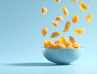 Uncooked pasta shells in a light-blue bowl, falling in the air against a light-blue background