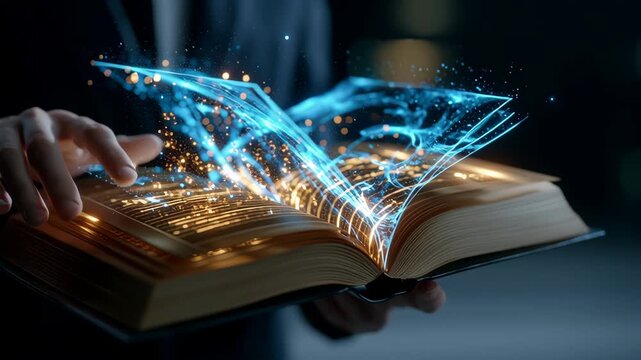 Ai and ethics blend with justice as glowing digital book opens under hand, symbolizing knowledge and futuristic inspiration