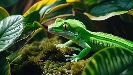 Fototapeta premium Vibrant green gecko amongst lush tropical foliage