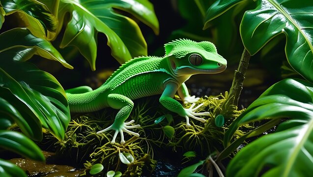 Vibrant green gecko amongst lush tropical foliage
