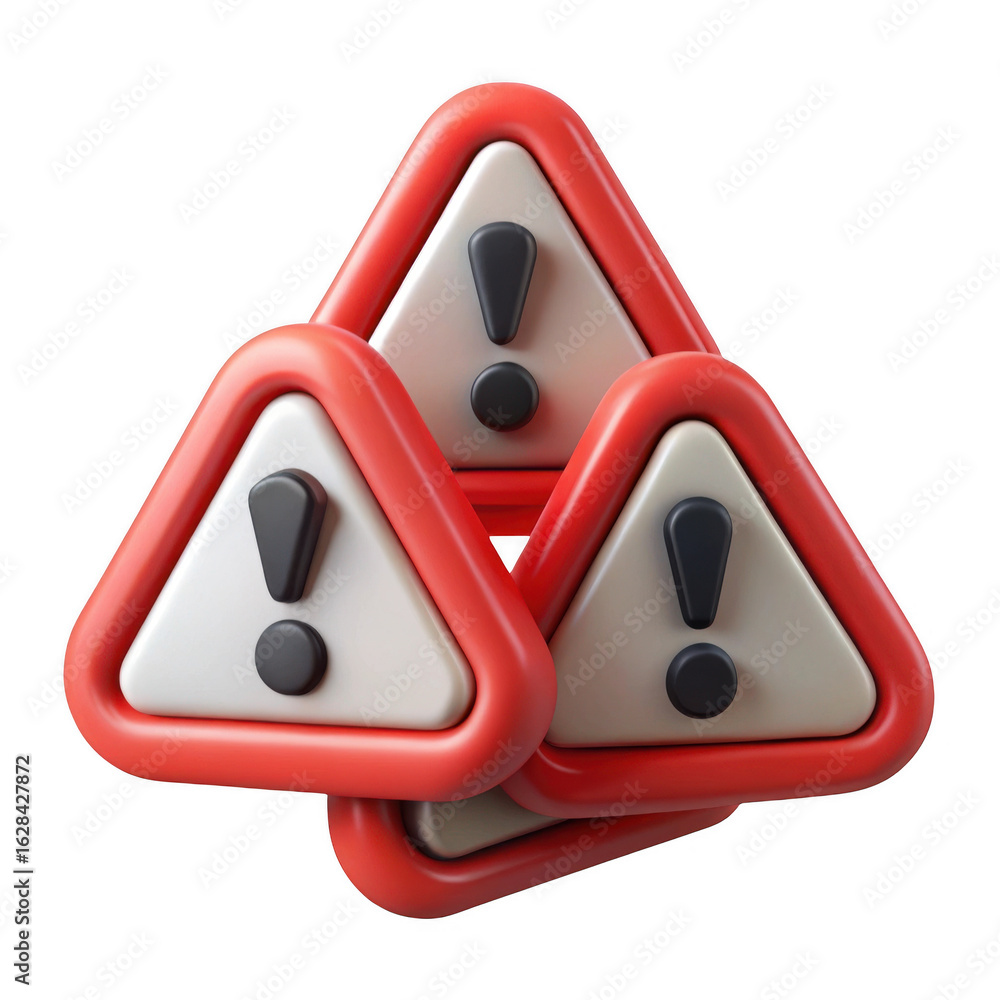 Poster three red triangle exclamation mark warning signs isolated on transparent background