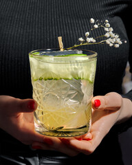 Bartender holding a crystal glass with refreshing gin and tonic cocktail