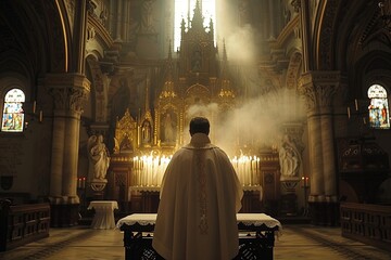 Ceremony of absolution in a grand cathedral with warm sunlight and a reverent atmosphere