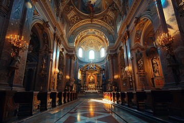 Exploring the grandeur of a baroque church interior with a focus on sacramental elements and light-filled ambiance