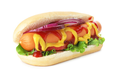 Tasty hot dog with tomato, onion, lettuce, ketchup and mustard isolated on white