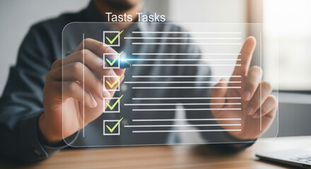Person checking off tasks on a digital checklist with a stylus on a transparent screen