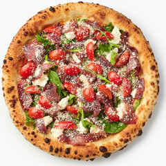Delicious pizza with bresaola, cherry tomatoes, arugula and parmesan cheese