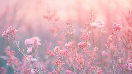 Obraz premium Soft-focus image of a field of delicate pink wildflowers bathed in warm, golden sunset light, creating a dreamy, romantic atmosphere