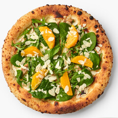 Delicious pizza with orange, spinach, almonds, and arugula on white background