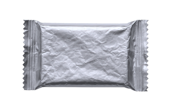 Close-up of a silver foil wrapper with crimped edges, showcasing a textured, crinkled surface and professional studio lighting.