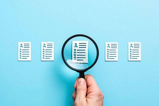 Hand holding magnifying glass over job applications on blue background human resources concept search for talent and qualified candidates