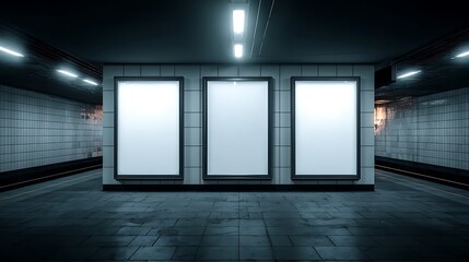Empty Subway Advertisement Boards in a Dark Underground Tunnel