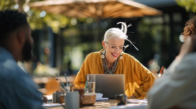 Businesswoman leads asynchronous review session outdoors with engaging discussion among team members