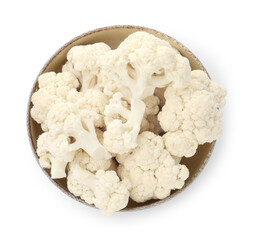 Fresh cauliflower florets in bowl isolated on white, top view