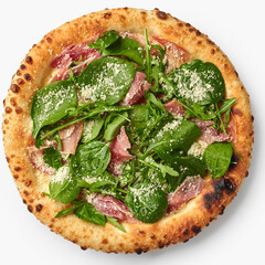 Delicious pizza with parma ham, arugula and parmesan cheese on white background