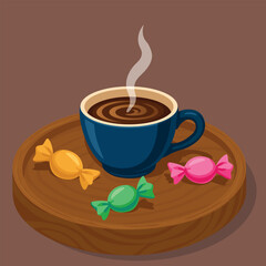 Cup of Coffee with Colorful Candies on Wooden Tray