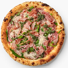 Delicious pizza with prosciutto, arugula, pesto and parmesan cheese on white background