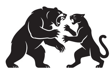 Grizzly Bear versus Panther Fighting Silhouette