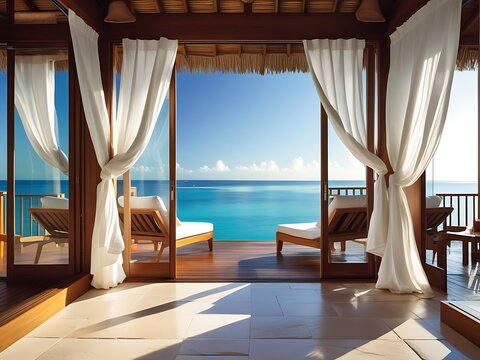 Luxurious tropical resort room with ocean view and white curtains - Powered by Adobe