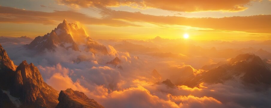 The majestic sun illuminates mountain peaks above a sea of clouds - Powered by Adobe