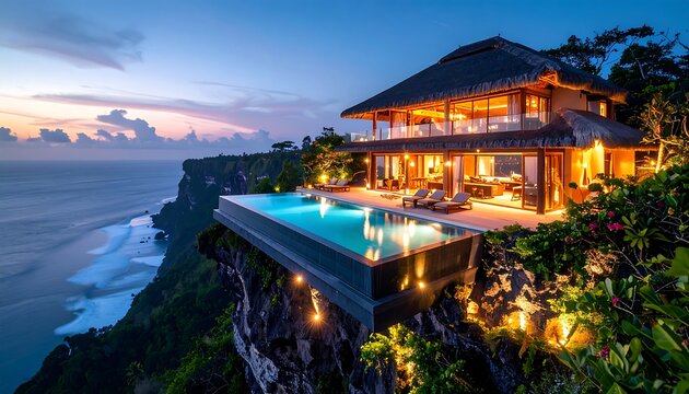 Cliffside Villa with Infinity Pool at Dusk Ocean View - Powered by Adobe
