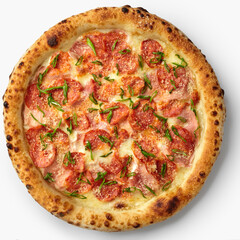 Delicious pizza with pepperoni, ham, and green onions on white background