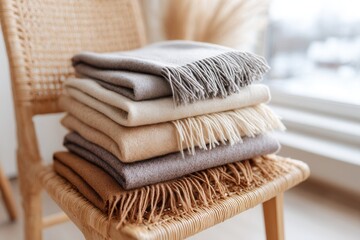 Stack of cozy woolen blankets on woven chair by sunny window.