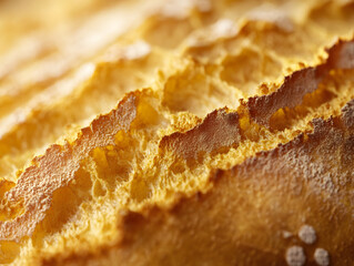 Detailed view of artisanal bread crust showcasing golden tones and rough baked texture