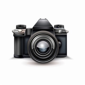 A sleek, black DSLR camera with a large lens sits on a white background, casting a subtle shadow.  Its metallic accents gleam subtly
