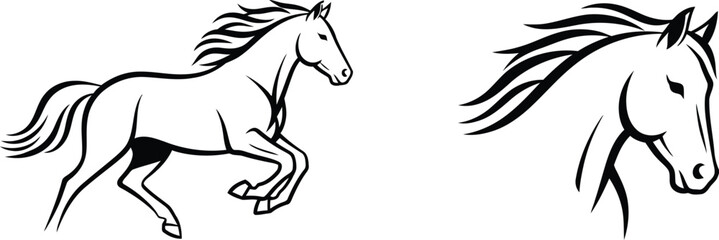 Black and White Horse Illustration on a Plain Background, Two Poses