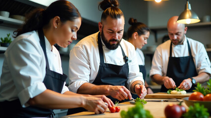 A group of chefs from different cultural backgrounds working together in a kitchen, highlighting the diversity of the culinary world.