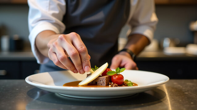 A chef expertly plating a dish, showcasing the artistry and precision involved in culinary presentation.