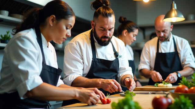 A group of chefs from different cultural backgrounds working together in a kitchen, highlighting the diversity of the culinary world.