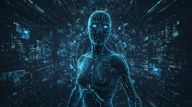 A futuristic humanoid robot emerges from a digital landscape, showcasing advanced technology and cybernetic features amidst a vibrant, glowing backdrop of data streams.