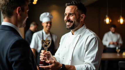An image of a chef receiving an award or recognition for their culinary achievements, highlighting excellence in the field.