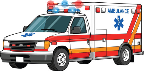 Cartoon ambulance with flashing lights on a white background