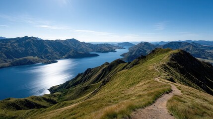 Naklejka premium Scenic mountain path with lake and clear blue sky in new zealand.
