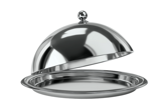 Silver serving cloche raised above empty golden plate, transparent background, cut out - Powered by Adobe
