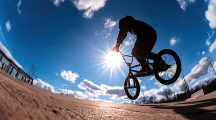 Silhouette of a BMX rider performing a stunt against a bright sun and dynamic cloud backdrop