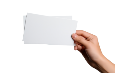 Male hand holding two blank sheets of paper (tickets, flyers, invitations, coupons, banknotes, etc.), transparent background, cut out